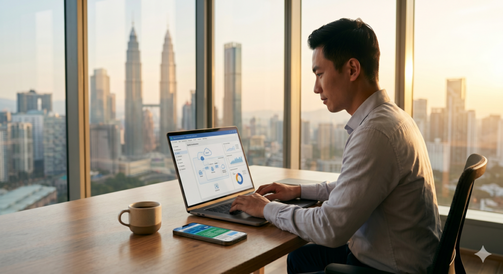 Asian freelancer working remotely on a laptop collaborating with a global enterprise client in 2026