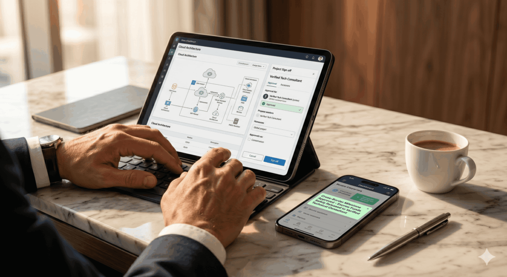 Global enterprise team seamlessly integrating remote Asian freelancers through a secure marketplace platform